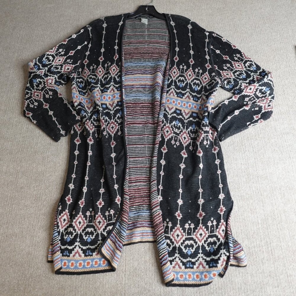 Peruvian Connection Black Multi-Color Patterned Open Cardigan